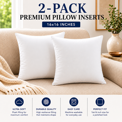 Heavenbirds 16x16 Pillow Inserts Set of 2 – Premium Soft Throw Pillow Inserts for Couch, Sofa, Bed & Decorative Cushion Covers | Machine Washable White Cushion Fillers