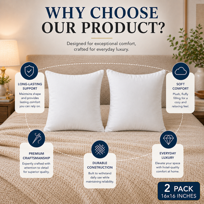 Heavenbirds 16x16 Pillow Inserts Set of 2 – Premium Soft Throw Pillow Inserts for Couch, Sofa, Bed & Decorative Cushion Covers | Machine Washable White Cushion Fillers
