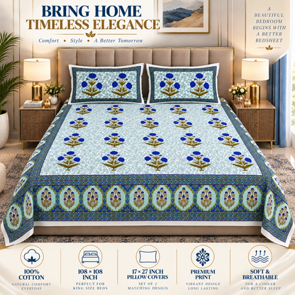 Heavenbirds 300 TC Premium Cotton Bedsheet with 2 Pillow Covers | Ultra Soft & Color Fade Resistant
