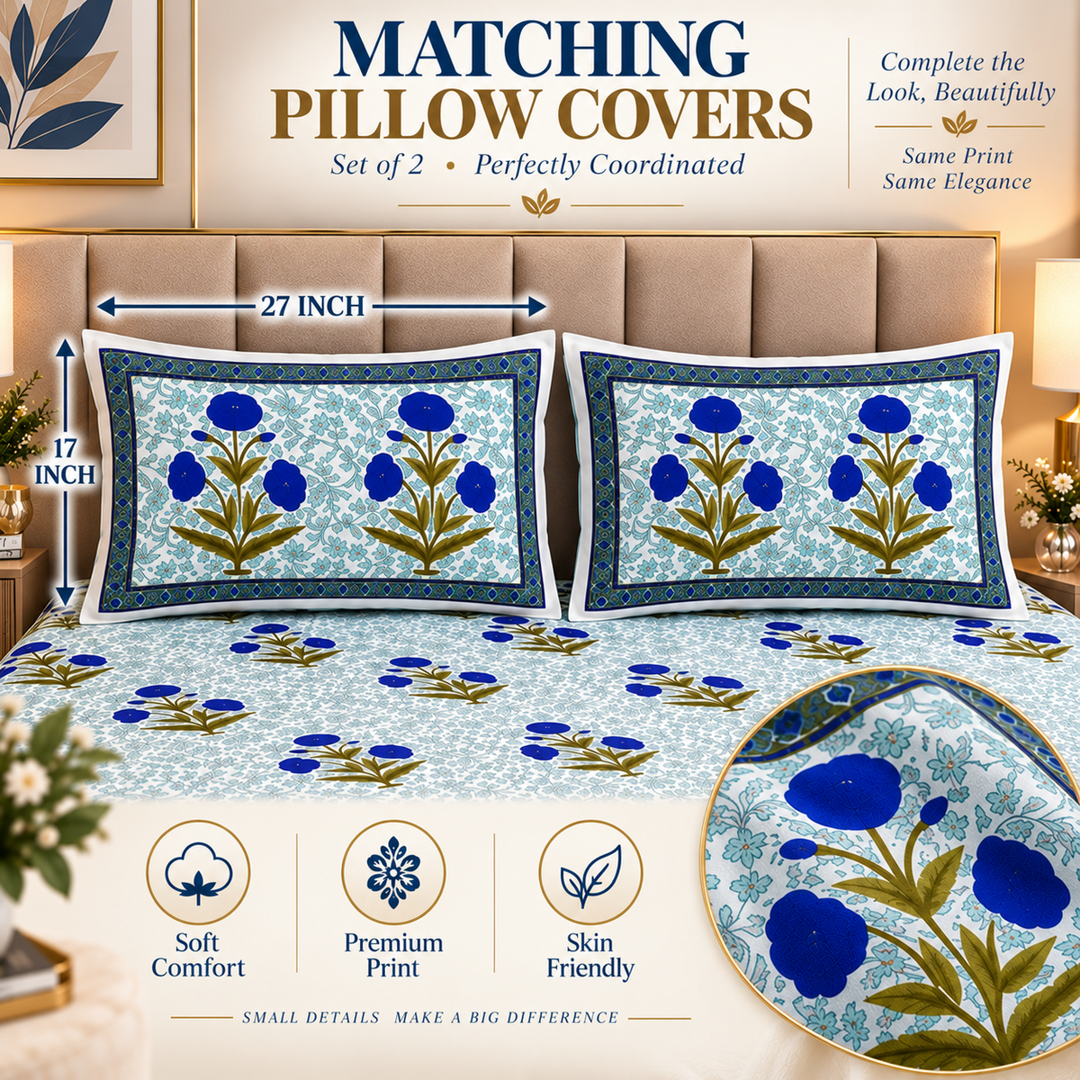 Heavenbirds 300 TC Premium Cotton Bedsheet with 2 Pillow Covers | Ultra Soft & Color Fade Resistant