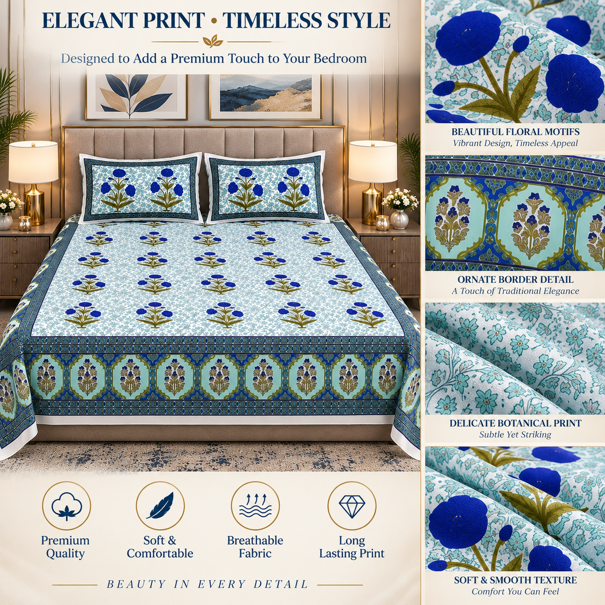 Heavenbirds 300 TC Premium Cotton Bedsheet with 2 Pillow Covers | Ultra Soft & Color Fade Resistant