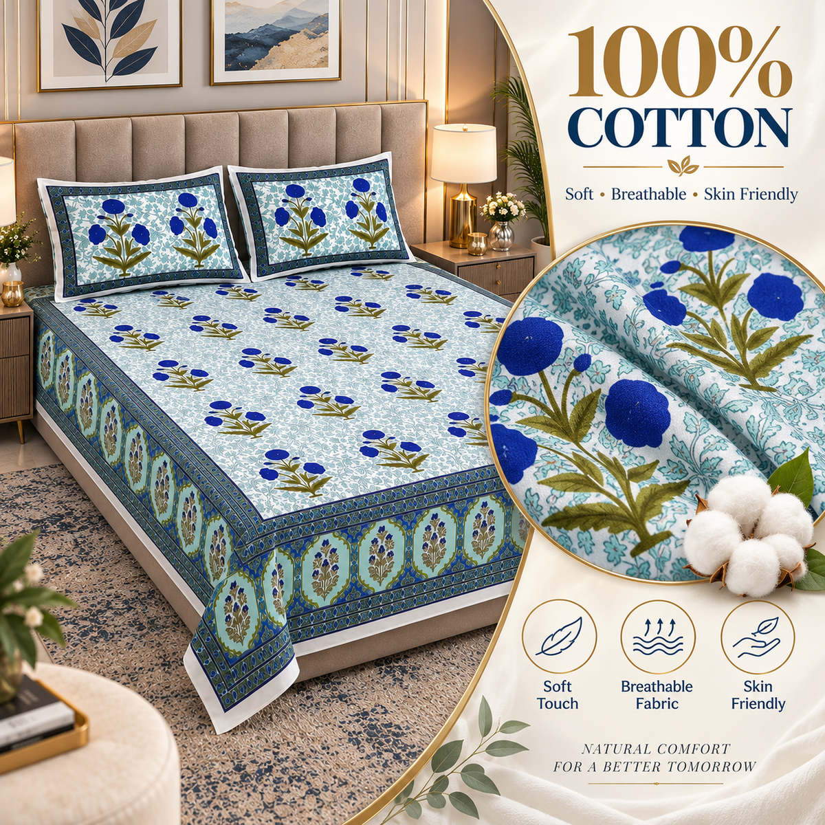 Heavenbirds 300 TC Premium Cotton Bedsheet with 2 Pillow Covers | Ultra Soft & Color Fade Resistant