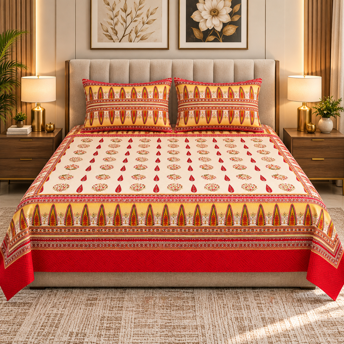 Heavenbirds 300 TC Premium Cotton Bedsheet with 2 Pillow Covers | Ultra Soft & Color Fade Resistant