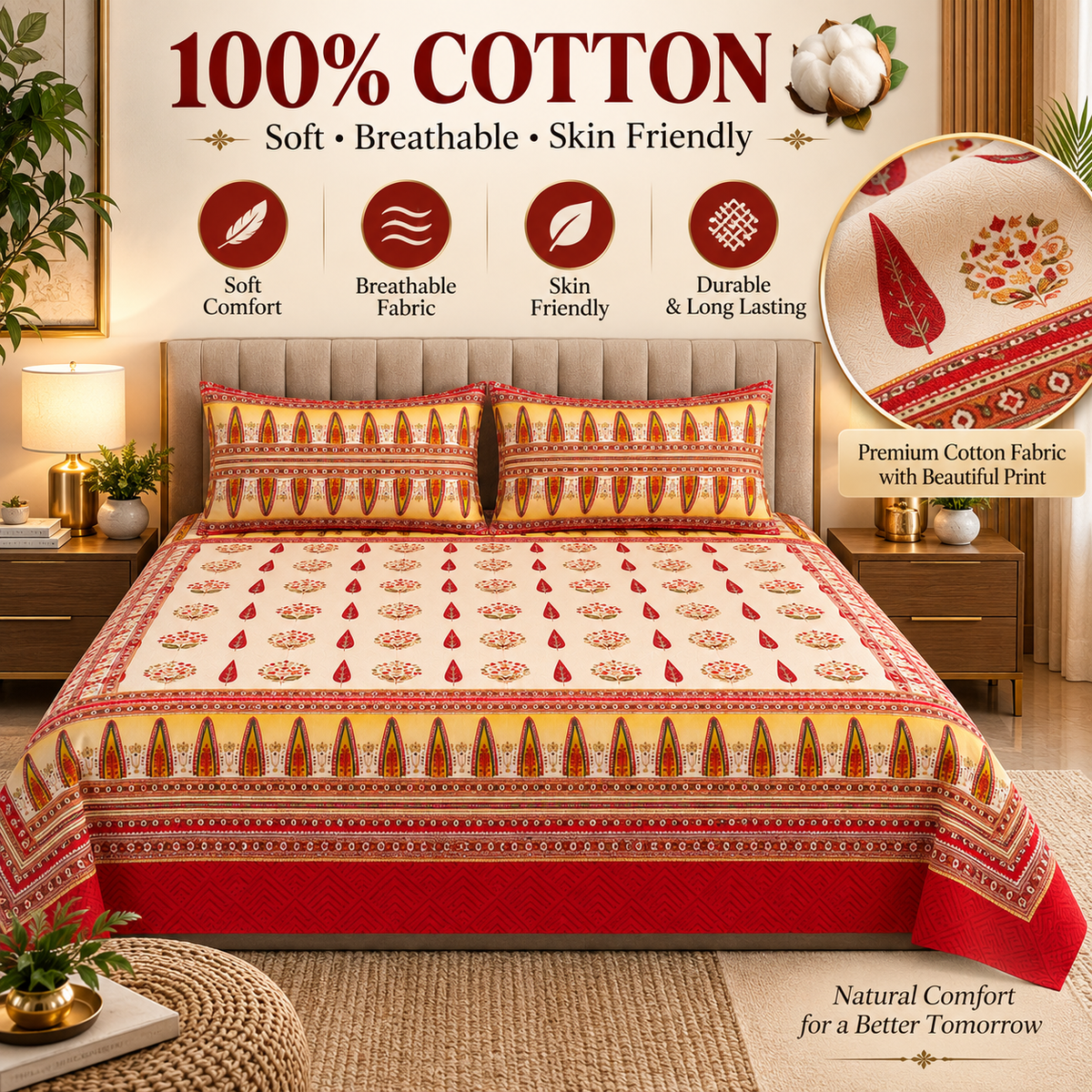 Heavenbirds 300 TC Premium Cotton Bedsheet with 2 Pillow Covers | Ultra Soft & Color Fade Resistant