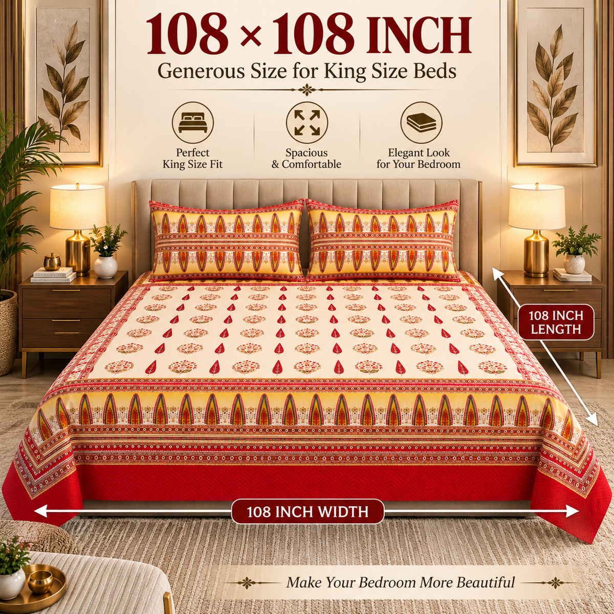 Heavenbirds 300 TC Premium Cotton Bedsheet with 2 Pillow Covers | Ultra Soft & Color Fade Resistant