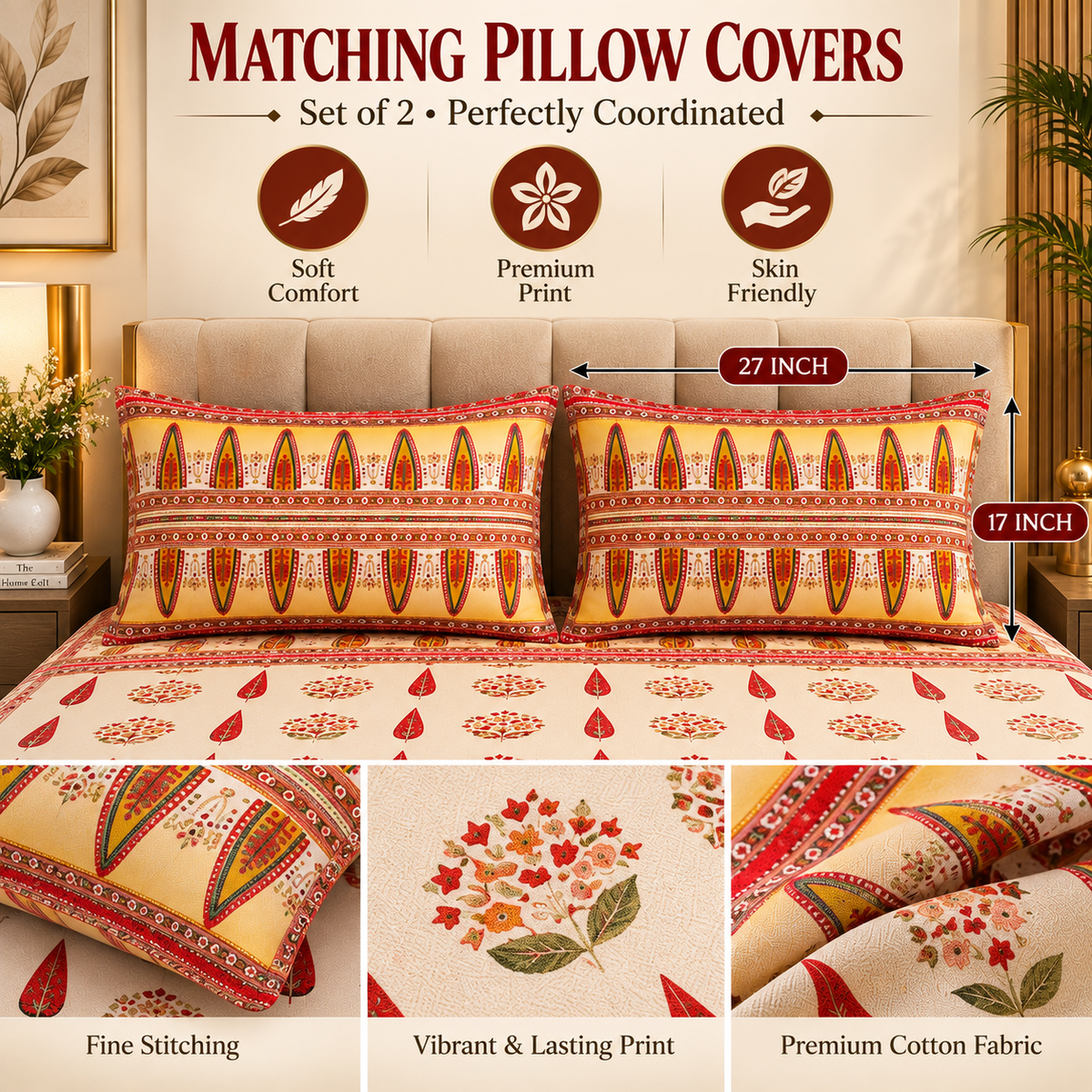 Heavenbirds 300 TC Premium Cotton Bedsheet with 2 Pillow Covers | Ultra Soft & Color Fade Resistant