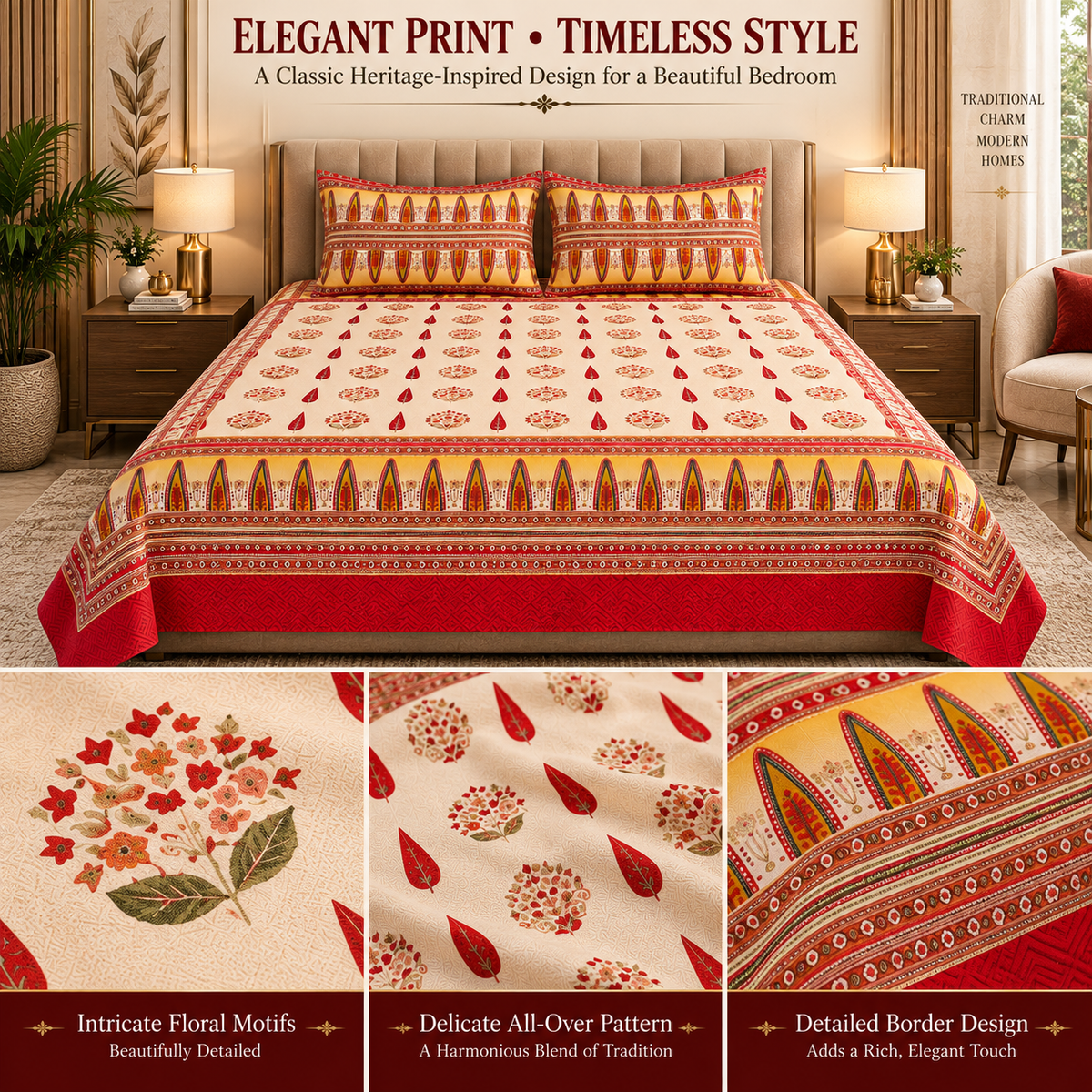 Heavenbirds 300 TC Premium Cotton Bedsheet with 2 Pillow Covers | Ultra Soft & Color Fade Resistant