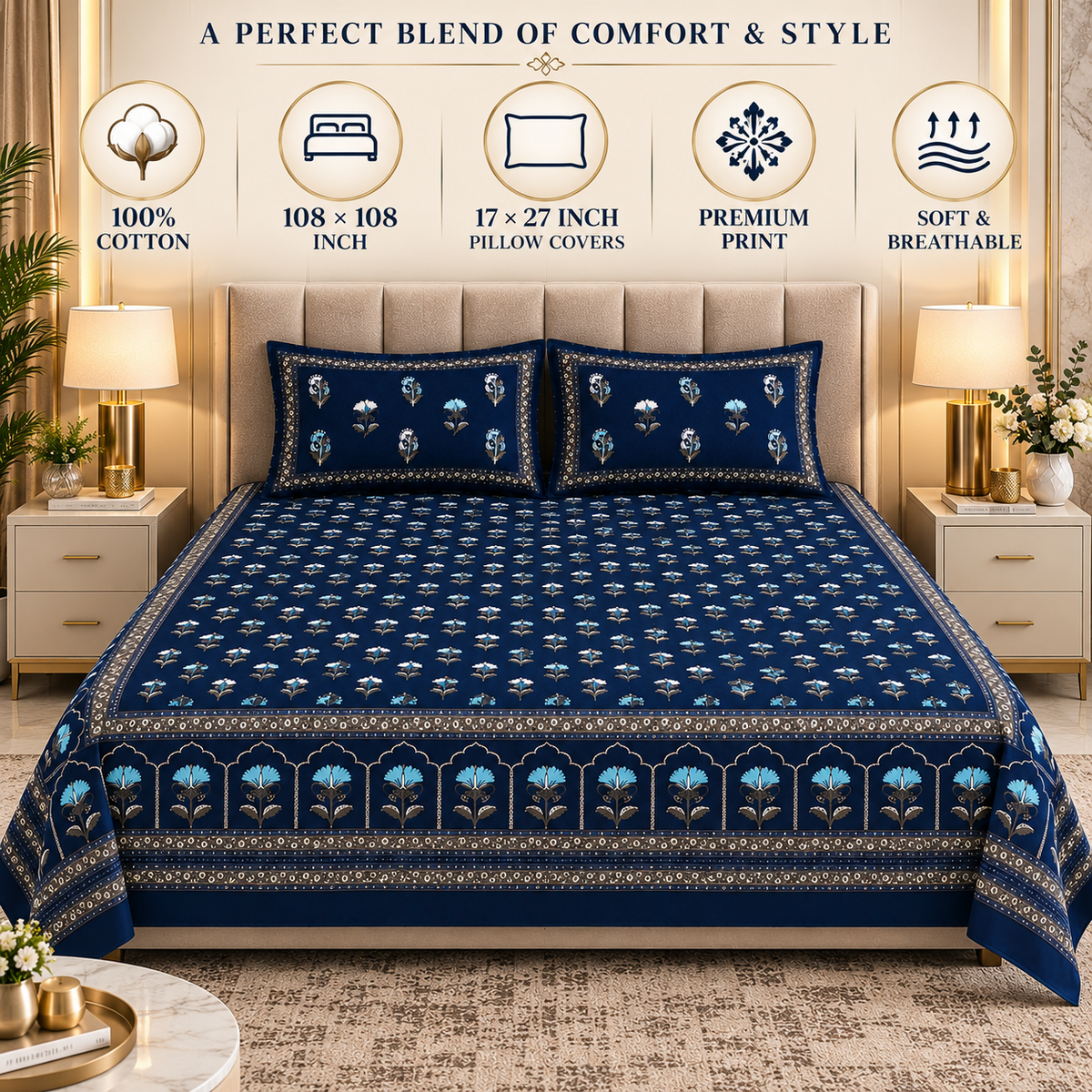 Heavenbirds 300 TC Premium Cotton Bedsheet with 2 Pillow Covers | Ultra Soft & Color Fade Resistant