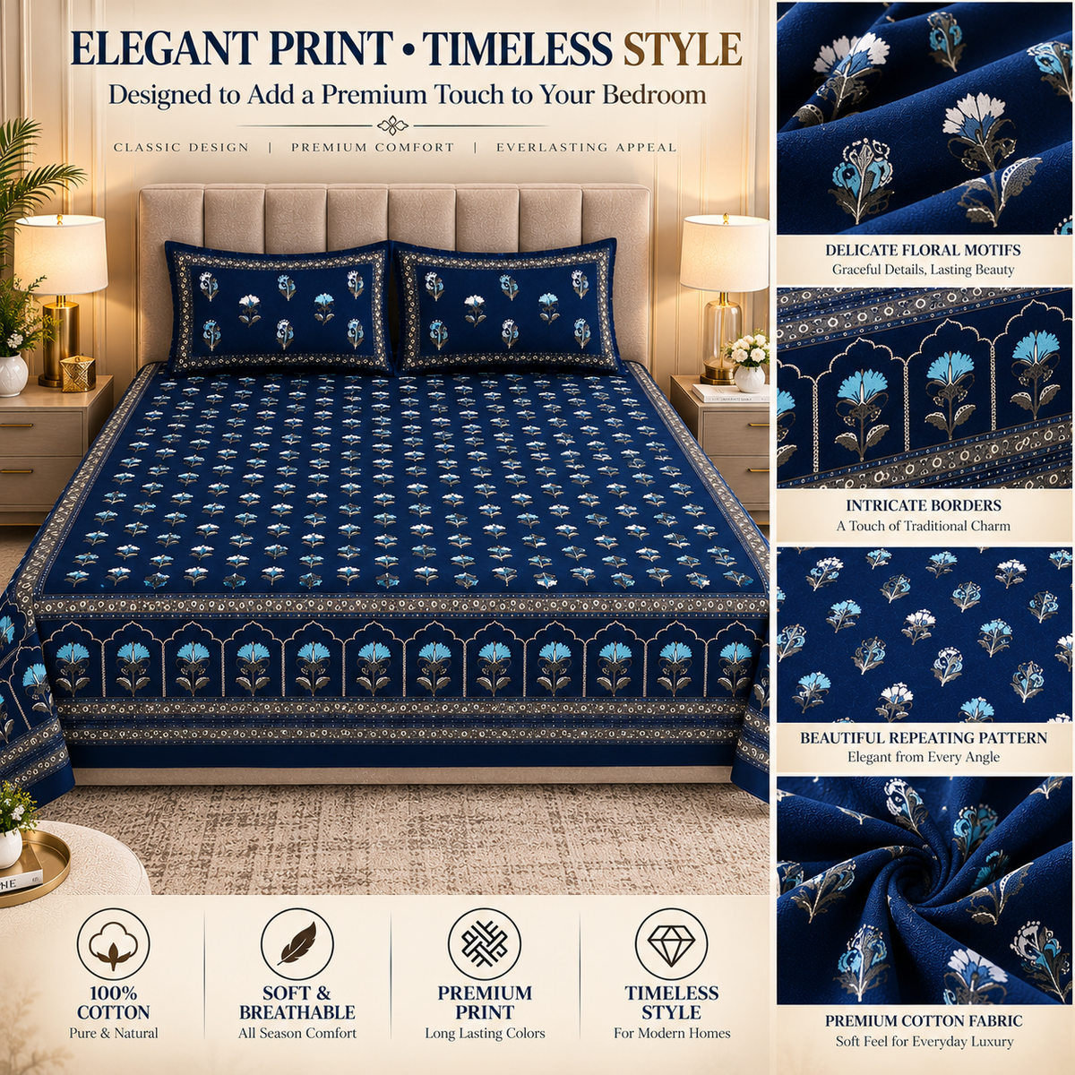 Heavenbirds 300 TC Premium Cotton Bedsheet with 2 Pillow Covers | Ultra Soft & Color Fade Resistant