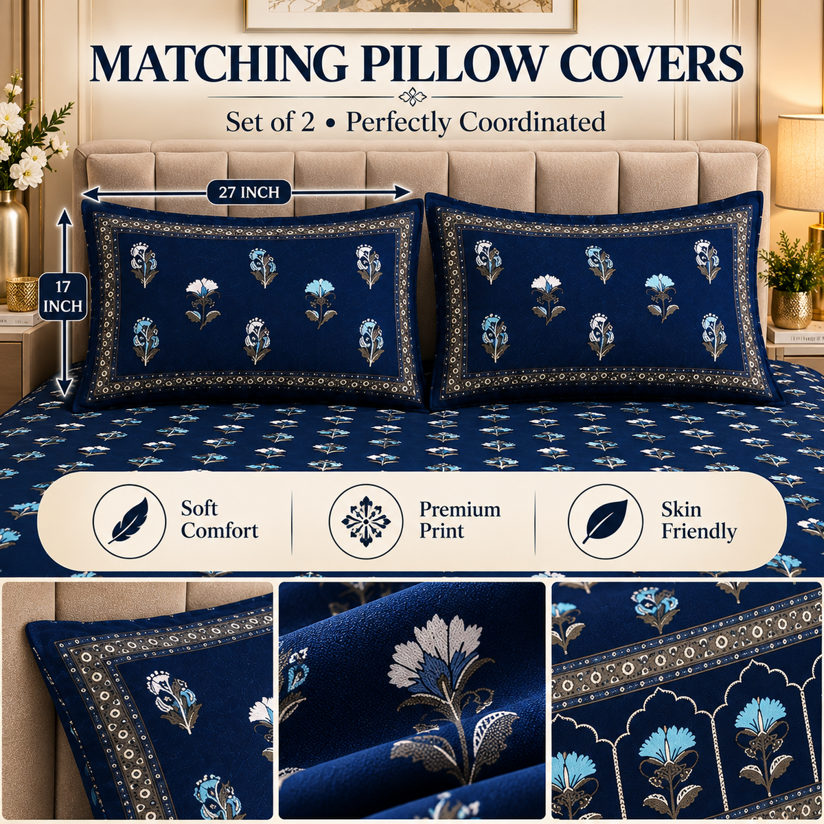 Heavenbirds 300 TC Premium Cotton Bedsheet with 2 Pillow Covers | Ultra Soft & Color Fade Resistant