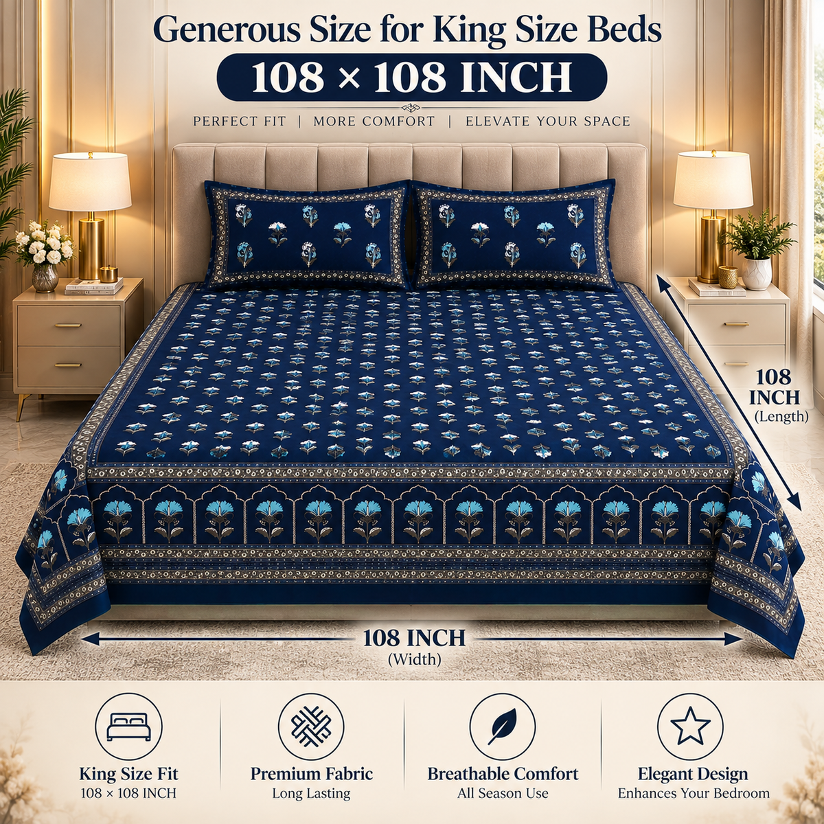 Heavenbirds 300 TC Premium Cotton Bedsheet with 2 Pillow Covers | Ultra Soft & Color Fade Resistant