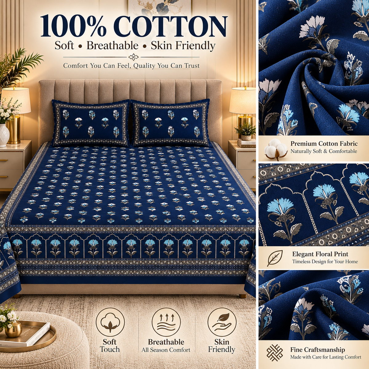 Heavenbirds 300 TC Premium Cotton Bedsheet with 2 Pillow Covers | Ultra Soft & Color Fade Resistant
