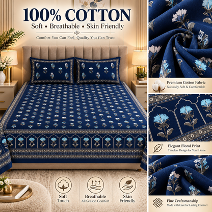 Heavenbirds 300 TC Premium Cotton Bedsheet with 2 Pillow Covers | Ultra Soft & Color Fade Resistant
