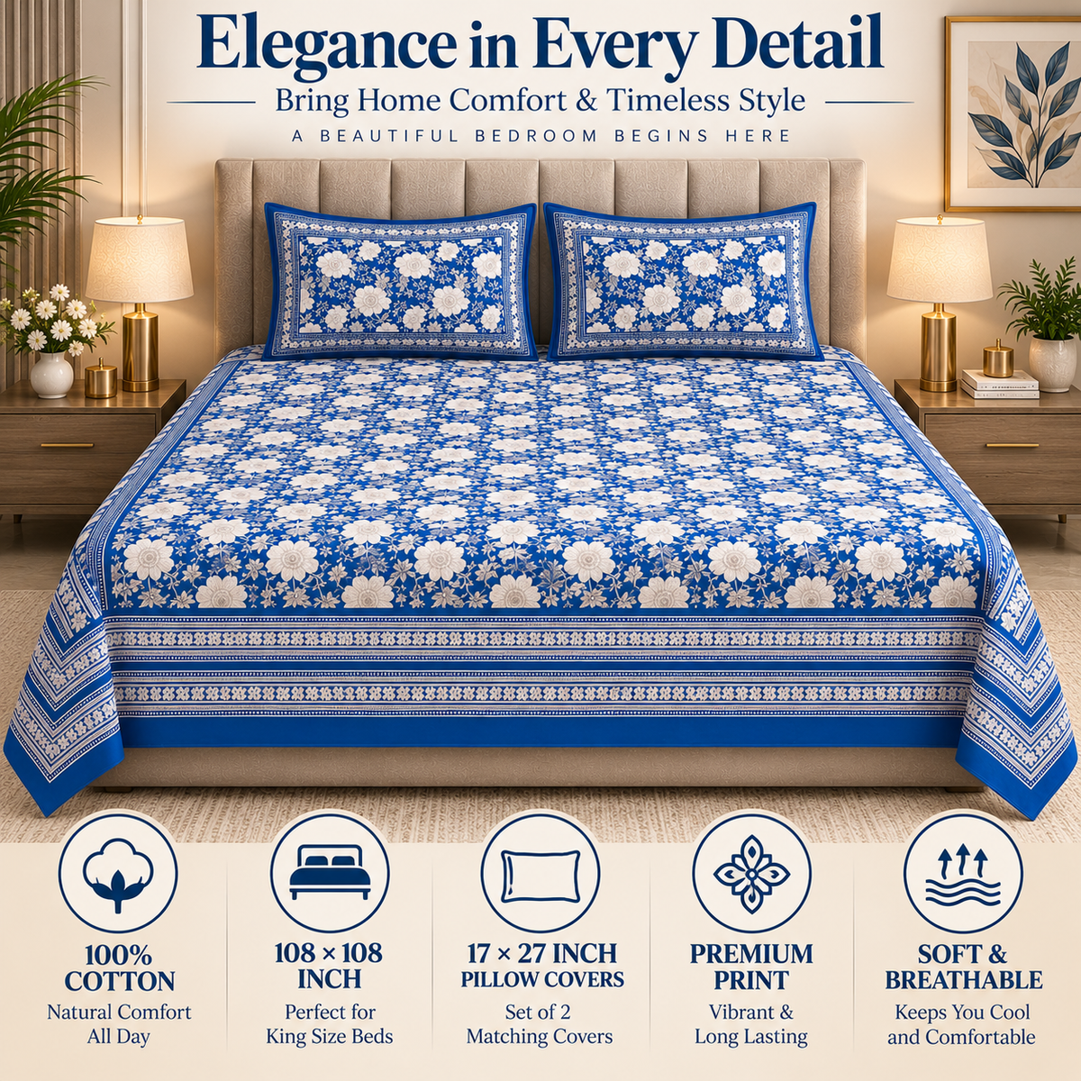 Heavenbirds 300 TC Premium Cotton Bedsheet with 2 Pillow Covers | Ultra Soft & Color Fade Resistant