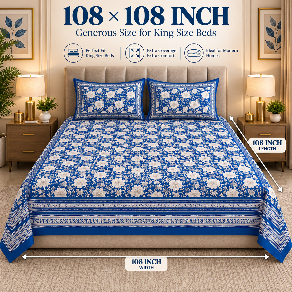 Heavenbirds 300 TC Premium Cotton Bedsheet with 2 Pillow Covers | Ultra Soft & Color Fade Resistant