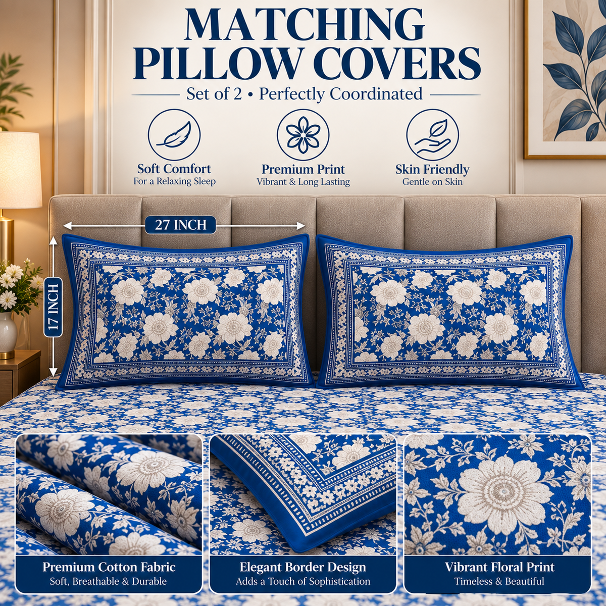 Heavenbirds 300 TC Premium Cotton Bedsheet with 2 Pillow Covers | Ultra Soft & Color Fade Resistant