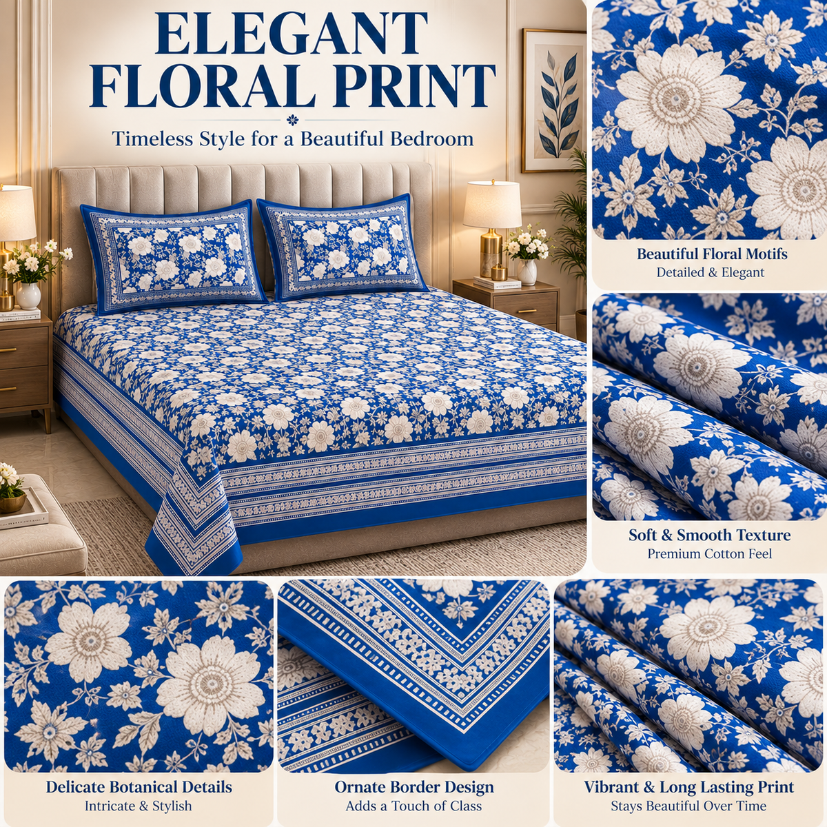 Heavenbirds 300 TC Premium Cotton Bedsheet with 2 Pillow Covers | Ultra Soft & Color Fade Resistant