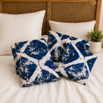 Indigo Waves Feels like Glace Cotton Bedsheet – King Size, Blue Geometric Print, Fitted Bedsheet (1B + 2P)