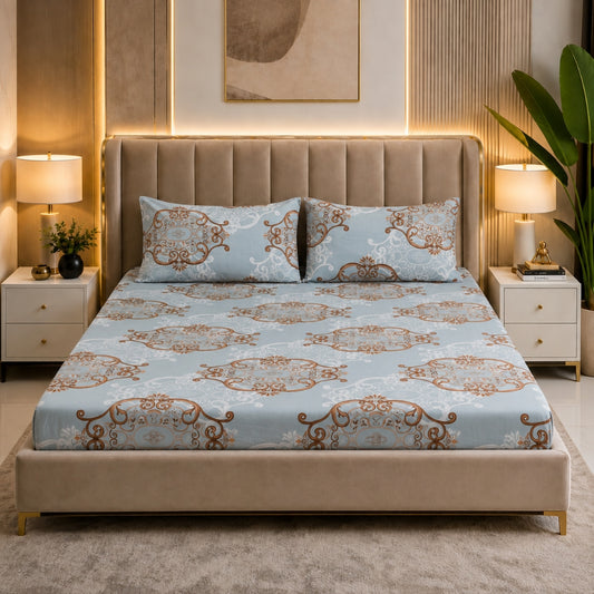 Royal Paisley  Feels like Glace Cotton Bedsheet – King Size, Blue Paisley Print, Fitted Bedsheet (1B + 2P)