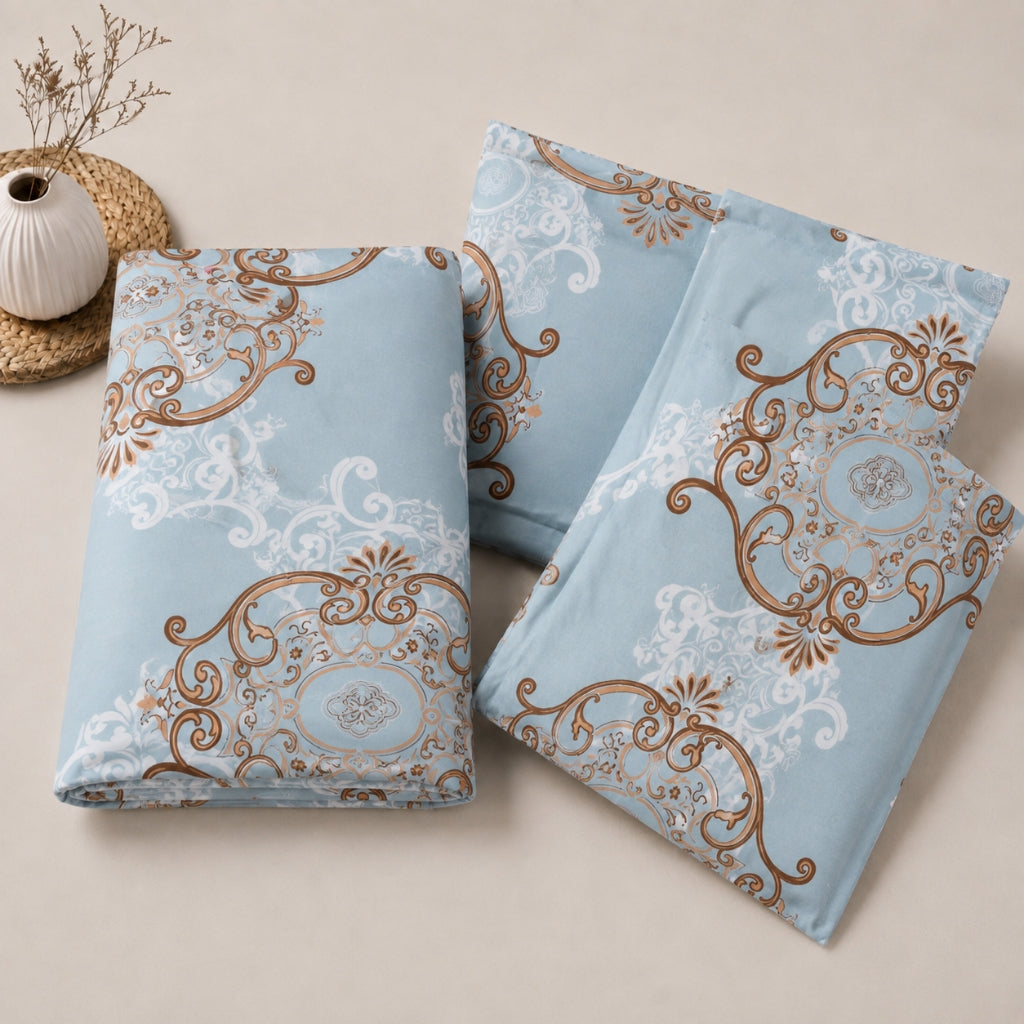Royal Paisley  Feels like Glace Cotton Bedsheet – King Size, Blue Paisley Print, Fitted Bedsheet (1B + 2P)