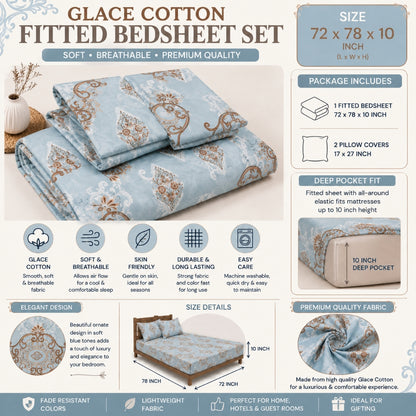 Royal Paisley  Feels like Glace Cotton Bedsheet – King Size, Blue Paisley Print, Fitted Bedsheet (1B + 2P)