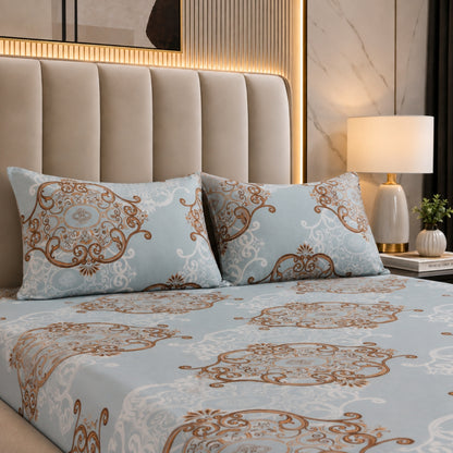 Royal Paisley  Feels like Glace Cotton Bedsheet – King Size, Blue Paisley Print, Fitted Bedsheet (1B + 2P)