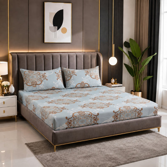 Royal Paisley  Feels like Glace Cotton Bedsheet – King Size, Blue Paisley Print, Fitted Bedsheet (1B + 2P)