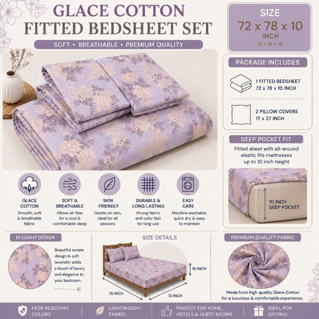 Lavender Meadow Feels like Glace Cotton Bedsheet – King Size, Purple Floral Print, Fitted Bedsheet (1B + 2P)