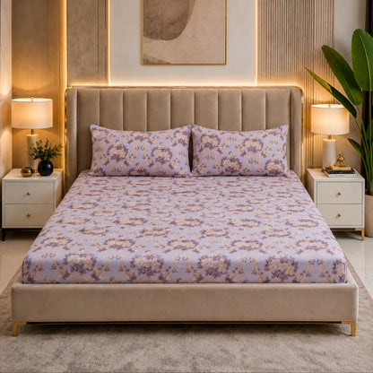 Lavender Meadow Feels like Glace Cotton Bedsheet – King Size, Purple Floral Print, Fitted Bedsheet (1B + 2P)