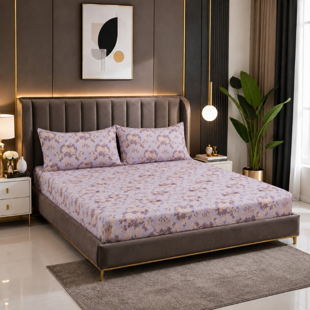 Lavender Meadow Feels like Glace Cotton Bedsheet – King Size, Purple Floral Print, Fitted Bedsheet (1B + 2P)