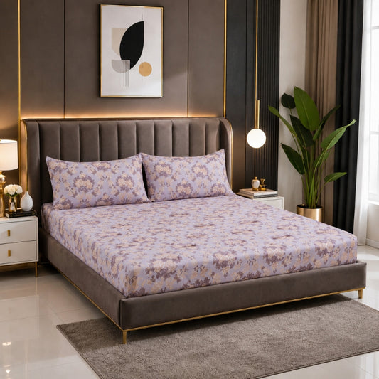 Lavender Meadow Feels like Glace Cotton Bedsheet – King Size, Purple Floral Print, Fitted Bedsheet (1B + 2P)
