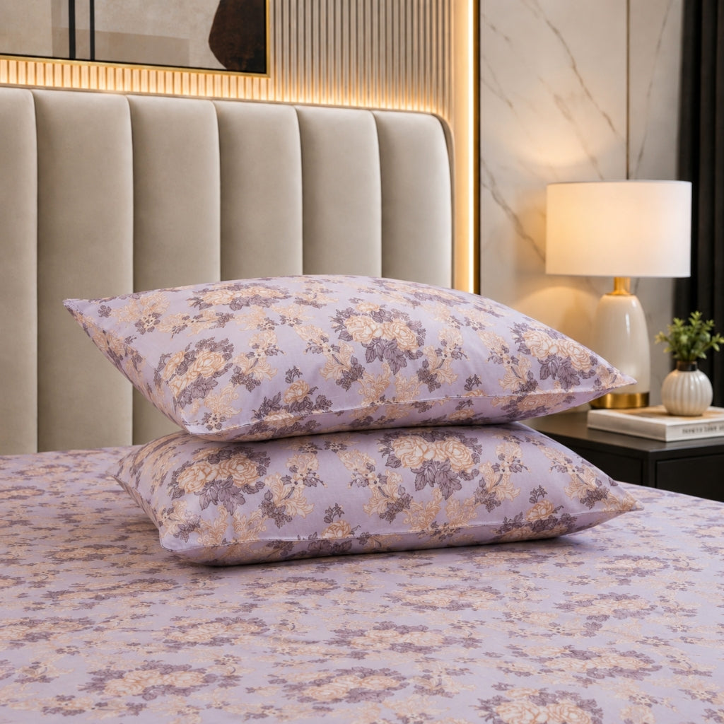 Lavender Meadow Feels like Glace Cotton Bedsheet – King Size, Purple Floral Print, Fitted Bedsheet (1B + 2P)
