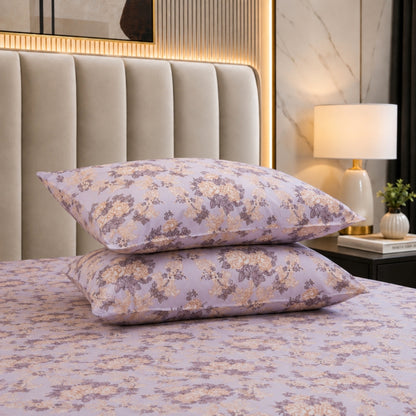 Lavender Meadow Feels like Glace Cotton Bedsheet – King Size, Purple Floral Print, Fitted Bedsheet (1B + 2P)