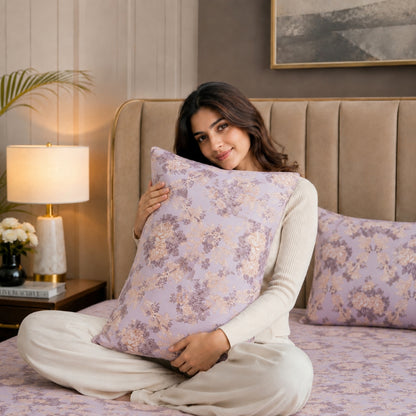 Lavender Meadow Feels like Glace Cotton Bedsheet – King Size, Purple Floral Print, Fitted Bedsheet (1B + 2P)