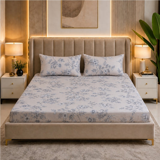 Blue Blossom Feels like Glace Cotton Bedsheet – King Size, Blue Floral Print, Fitted Bedsheet (1B + 2P)