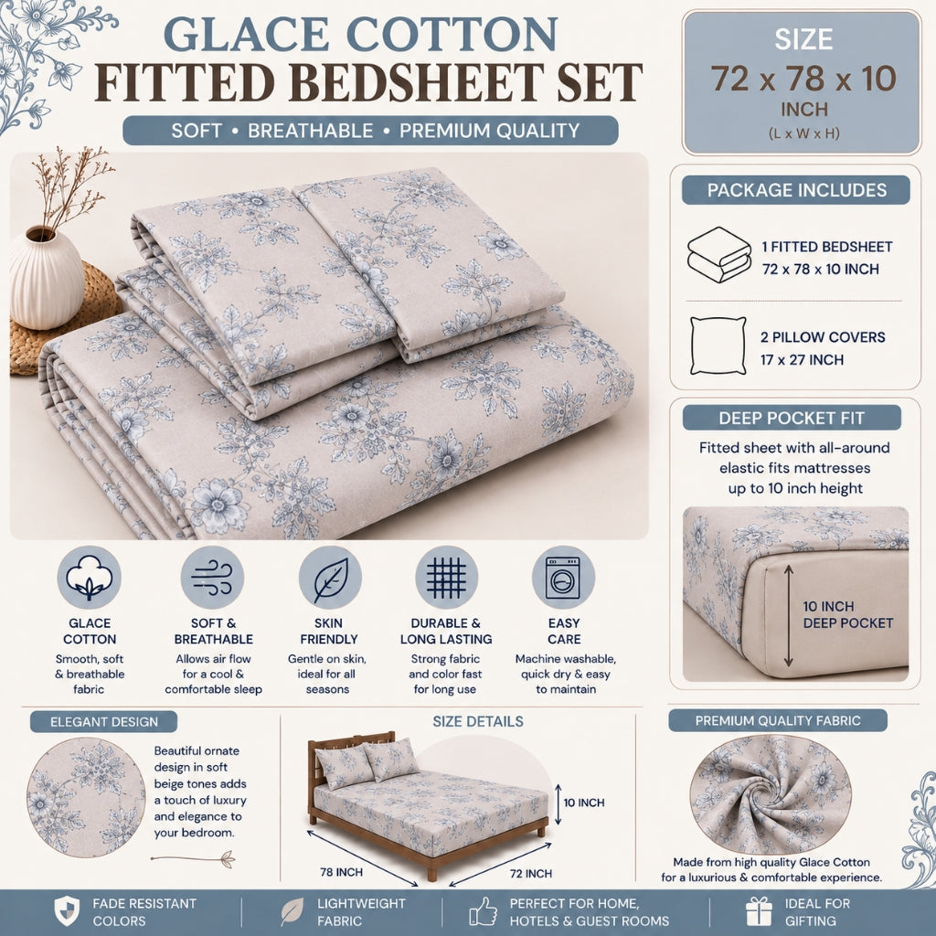 Blue Blossom Feels like Glace Cotton Bedsheet – King Size, Blue Floral Print, Fitted Bedsheet (1B + 2P)