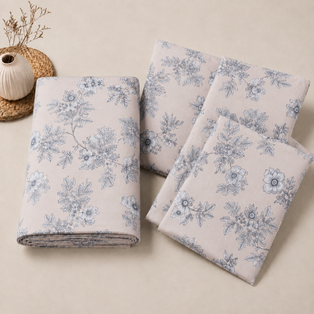 Blue Blossom Feels like Glace Cotton Bedsheet – King Size, Blue Floral Print, Fitted Bedsheet (1B + 2P)