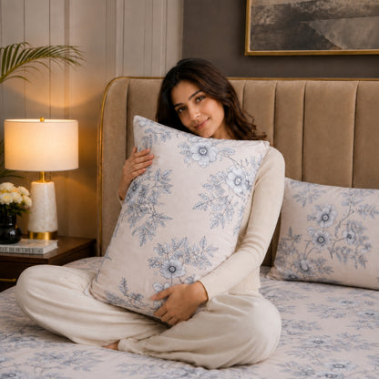 Blue Blossom Feels like Glace Cotton Bedsheet – King Size, Blue Floral Print, Fitted Bedsheet (1B + 2P)