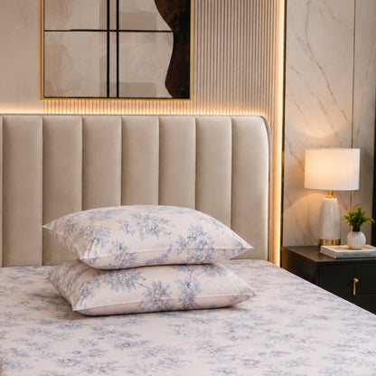 Blue Blossom Feels like Glace Cotton Bedsheet – King Size, Blue Floral Print, Fitted Bedsheet (1B + 2P)