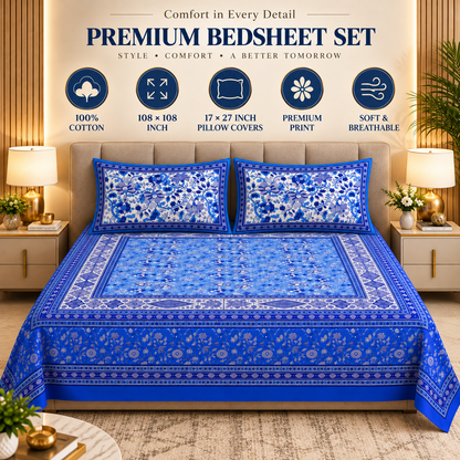 Heavenbirds 300 TC Premium Cotton Bedsheet with 2 Pillow Covers | Ultra Soft & Color Fade Resistant