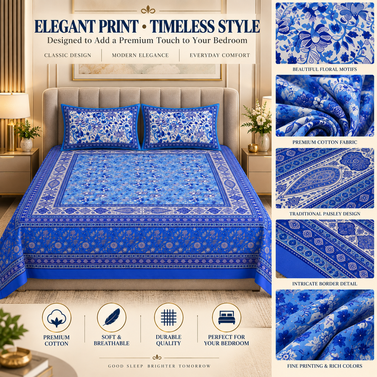 Heavenbirds 300 TC Premium Cotton Bedsheet with 2 Pillow Covers | Ultra Soft & Color Fade Resistant