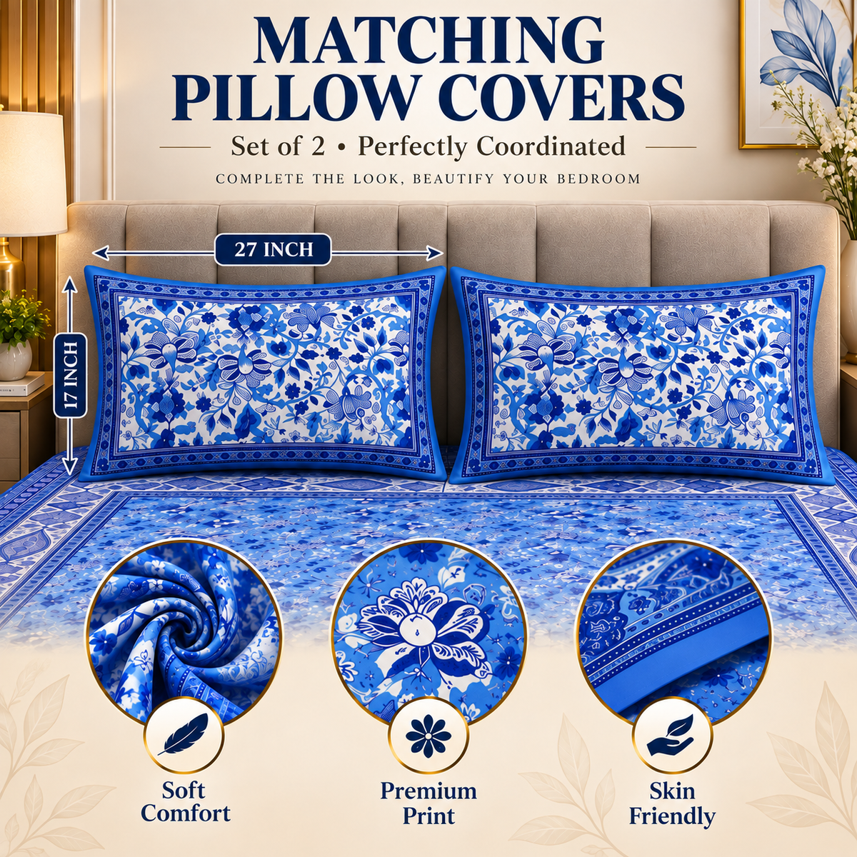 Heavenbirds 300 TC Premium Cotton Bedsheet with 2 Pillow Covers | Ultra Soft & Color Fade Resistant