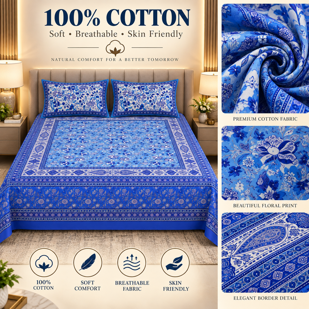 Heavenbirds 300 TC Premium Cotton Bedsheet with 2 Pillow Covers | Ultra Soft & Color Fade Resistant