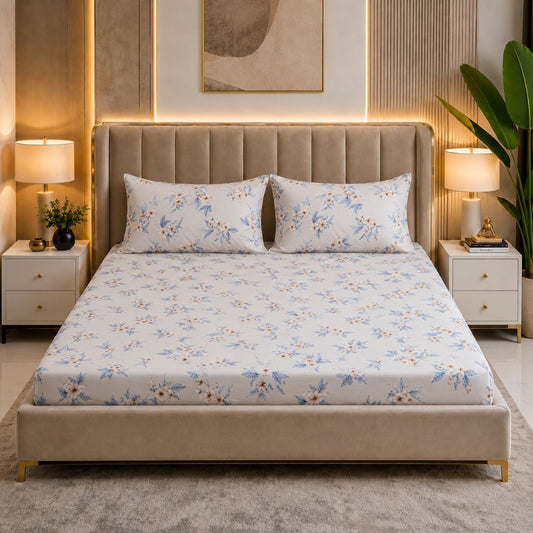 Sky Blossom Feels like Glace Cotton Bedsheet – King Size, Blue Floral Print, Fitted Bedsheet (1B + 2P)