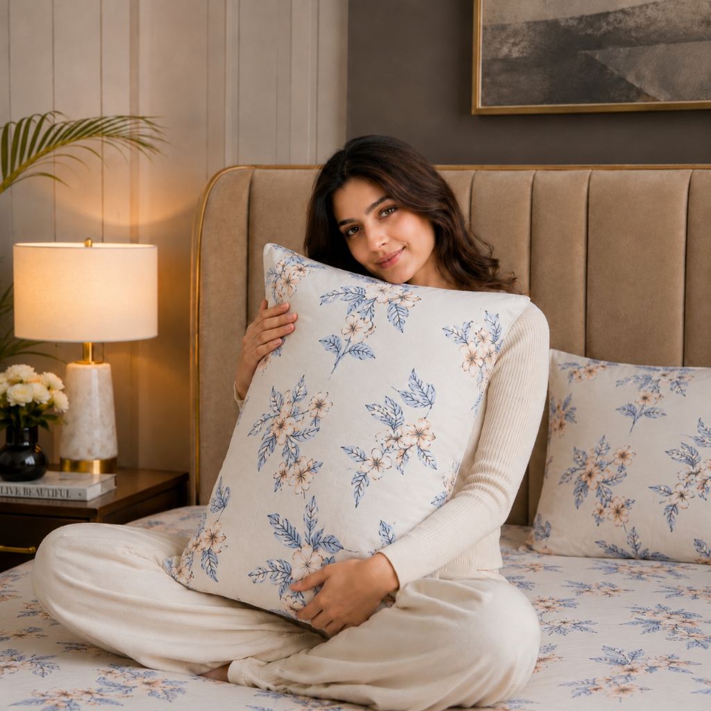 Sky Blossom Feels like Glace Cotton Bedsheet – King Size, Blue Floral Print, Fitted Bedsheet (1B + 2P)
