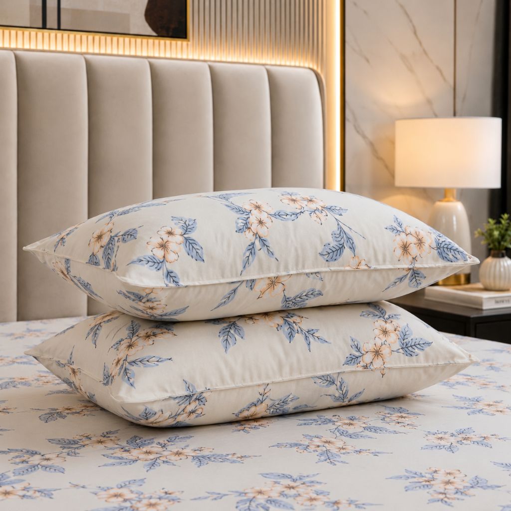 Sky Blossom Feels like Glace Cotton Bedsheet – King Size, Blue Floral Print, Fitted Bedsheet (1B + 2P)