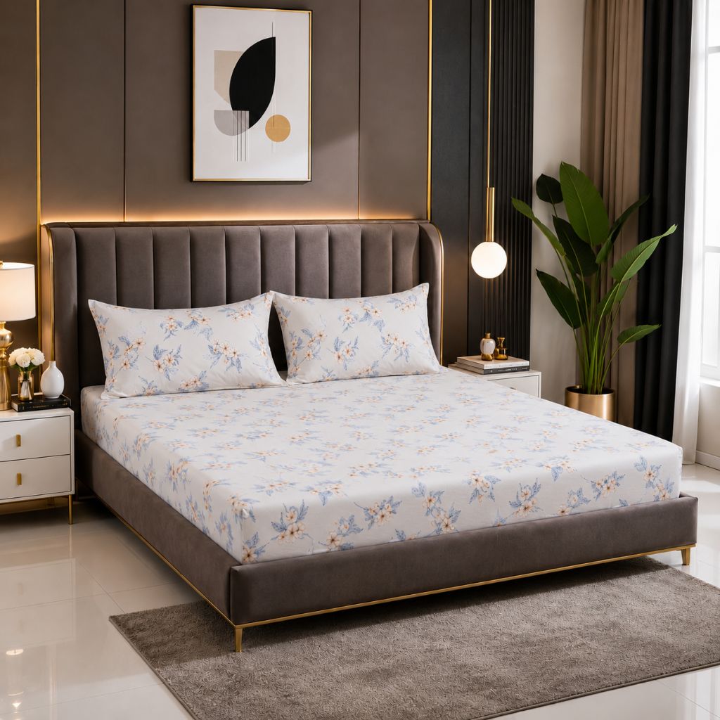 Sky Blossom Feels like Glace Cotton Bedsheet – King Size, Blue Floral Print, Fitted Bedsheet (1B + 2P)