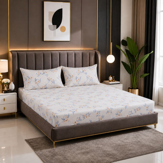 Sky Blossom Feels like Glace Cotton Bedsheet – King Size, Blue Floral Print, Fitted Bedsheet (1B + 2P)