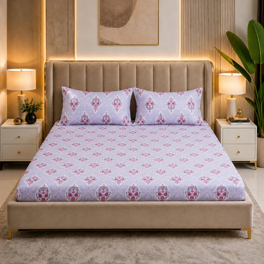 Lavender Buta Feels like Glace Cotton Bedsheet – King Size, Purple Floral Print, Fitted Bedsheet (1B + 2P)