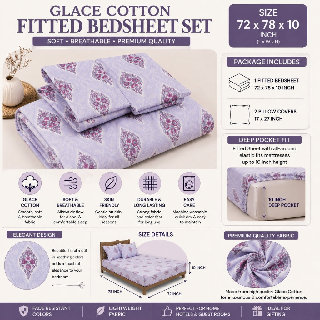 Lavender Buta Feels like Glace Cotton Bedsheet – King Size, Purple Floral Print, Fitted Bedsheet (1B + 2P)